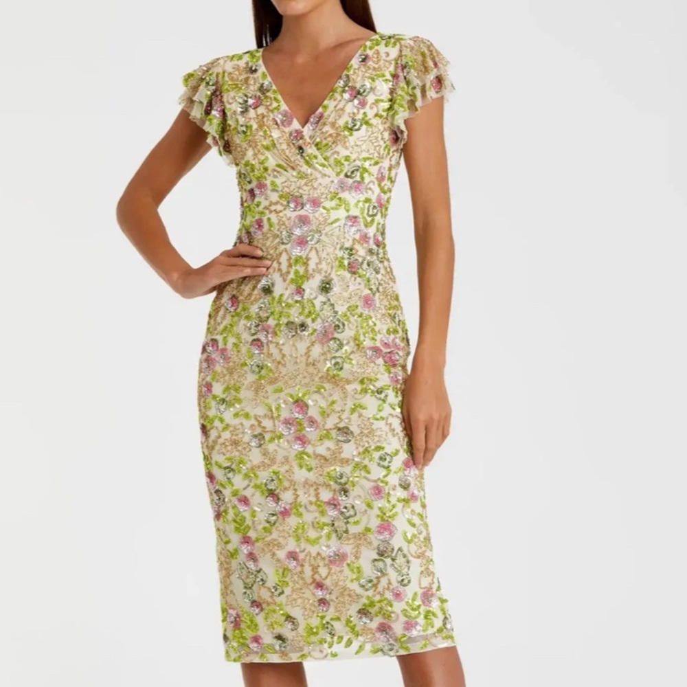 NWT Mac Duggal Beige Floral Embellished Flutter Cap Sleeve Dress